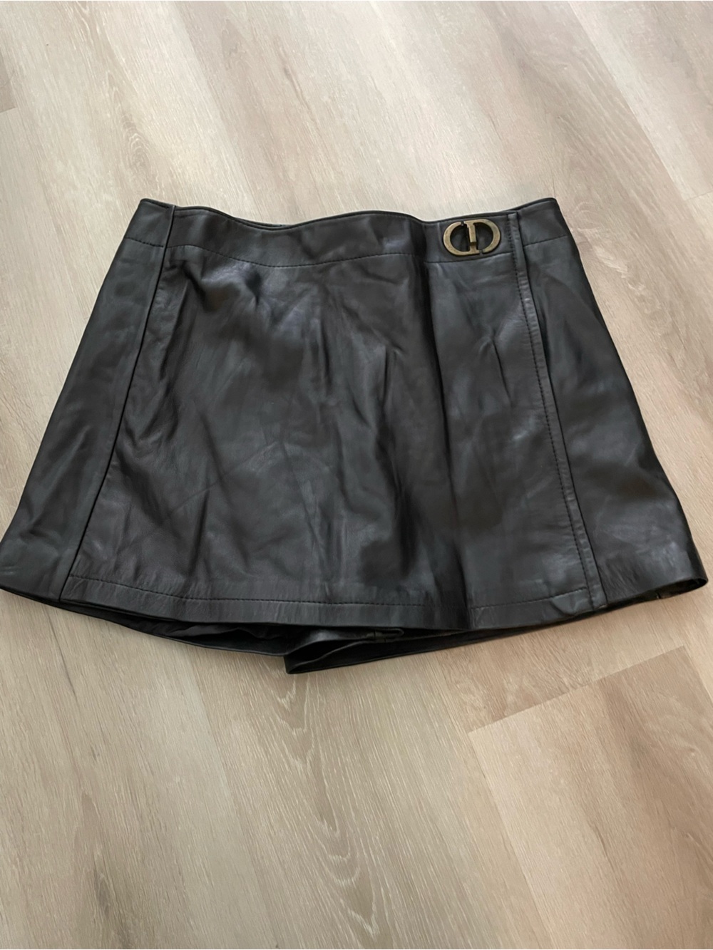 Black Leather Mini Skort with Gold Accent
